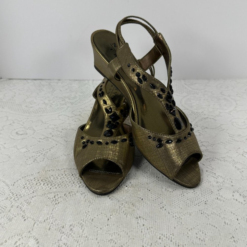 New York Transit, Black diamond beading, Mule Heels, Brushed Gold, 9.5M